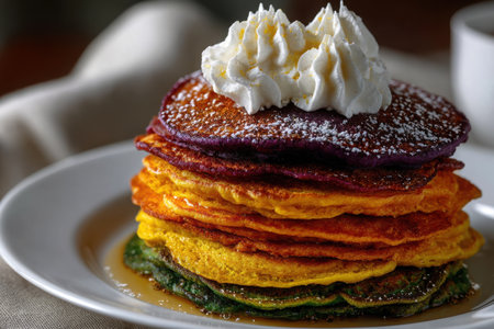 Colorful layers of rainbow pancakes create a vibrant treat, topped with fluffy whipped cream and drizzled with syrup, perfect for a bright breakfast or brunch.の素材