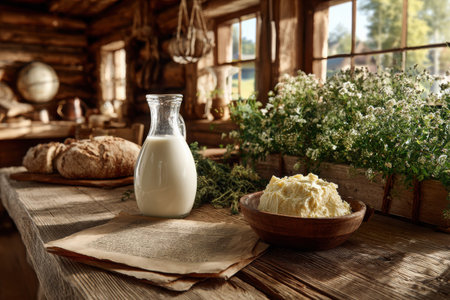 Fresh milk sits in a glass bottle next to creamy homemade butter on a wooden table surrounded by rustic decor and blooming herbs in a farmhouse kitchen.の素材