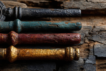 A collection of vintage keys painted in vibrant rainbow colors lies against a rustic, textured wood background, showcasing intricate details and variety.の素材
