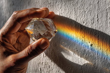 A hand grips a crystal prism, refracting sunlight into a striking rainbow across a blank white wall, casting vivid colors in sharp focus with deep shadows.の素材