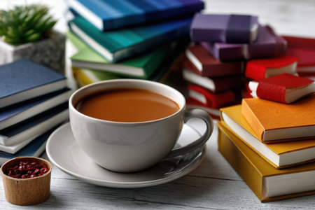 Flat lay showcases an array of rainbow-colored office supplies on a white desk, enhancing productivity vibes and creative energy in a tidy yet dynamic arrangement.の素材