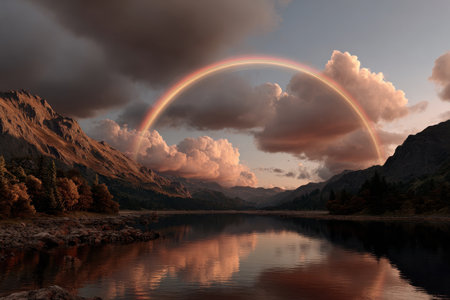 A surreal landscape features a vibrant rainbow bridge arched over a calm lake. Fluffy pink clouds float above, illuminated by the warm glow of the sunset on the horizon.の素材