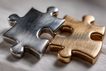 Two intricately designed puzzle pieces join together on a smooth white surface, representing the strong bond of parenting and collaboration in family life.の素材