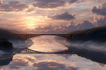 A surreal dreamscape features a vibrant rainbow bridge arching gracefully over a peaceful lake. Fluffy pink clouds surround the scene, illuminated by a warm sunset glow.の素材