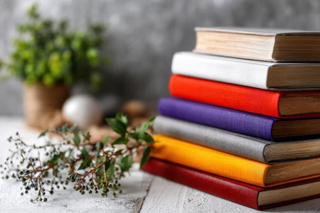 A vibrant stack of books in rainbow order is neatly placed on a white desk, accompanied by a small plant and a touch of greenery, creating a modern and tidy atmosphere.の素材
