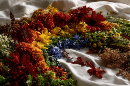 A vibrant rainbow formed by a variety of flowers is beautifully arranged on a soft white fabric. The floral display showcases a spectrum of colors and textures.の素材