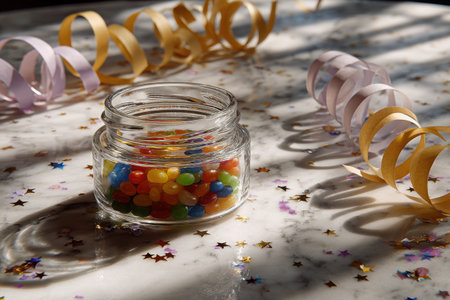 A glass jar filled with vibrant jelly beans sits on a white marble countertop, surrounded by scattered confetti stars and pastel streamers under bright lighting.の素材