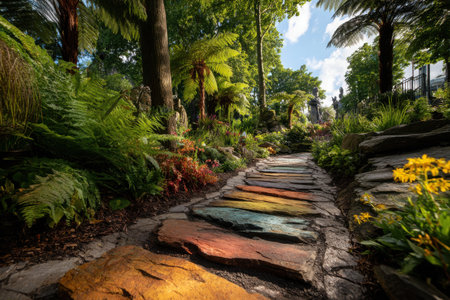 A winding path made of rainbow-painted rocks leads through a lush garden filled with vibrant flowers and dense foliage under a blue sky.の素材