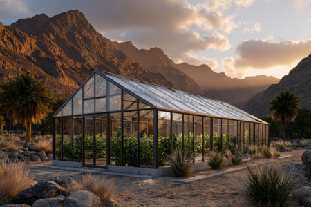 Solar panel-covered greenhouse thrives in an arid environment, showcasing sustainable farming practices during golden hour sunlight with mountains in the background.の素材