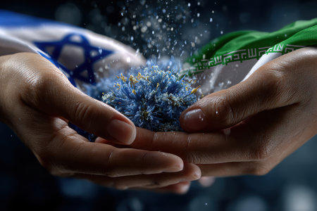 Two hands hold a delicate blue flower representing peace, one draped in an Israeli flag and the other in an Iranian flag, symbolizing unity amidst conflict.の素材