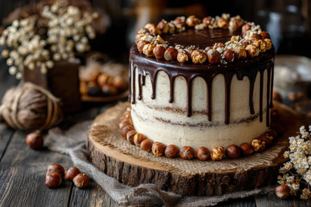 A rich hazelnut cake topped with chocolate ganache and toasted hazelnuts sits elegantly on a wooden platter. The rustic setting enhances its charm.の素材