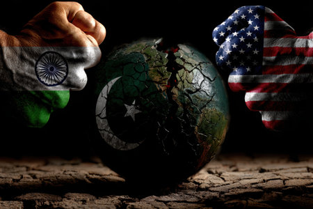 Three clenched fists adorned with flags of India, Pakistan, and the USA strike down upon a cracked globe, symbolizing ongoing geopolitical friction among nations.の素材