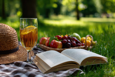 Friends gather on a checkered blanket to savor fresh food and lemonade while reading books under the shade of trees during a bright summer afternoon.の素材