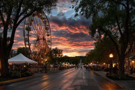 Under a stunning twilight sky, people stroll through a lively summer carnival featuring a glowing ferris wheel and vibrant tents, creating a festive atmosphere.の素材