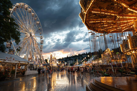 At twilight, a vibrant summer carnival comes alive with colorful lights. People stroll among rides, enjoying the festive atmosphere and evening glow.の素材