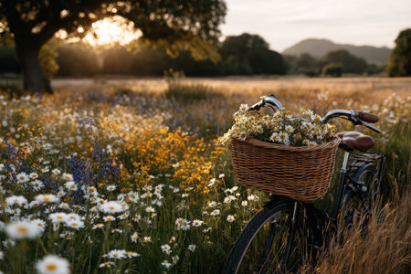 A vintage bicycle stands in a sunlit meadow, adorned with a basket overflowing with colorful flowers, surrounded by a field of blooming wildflowers during golden hour.の素材