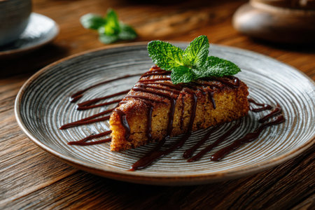 This dessert features a slice of hazelnut cake drizzled with rich chocolate sauce and garnished with fresh mint, resting on a textured plate.の素材