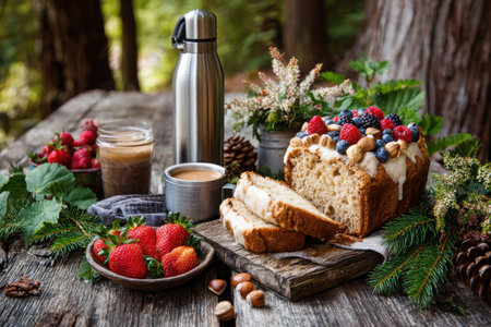 Enjoying a delightful rustic picnic amidst nature, with hazelnut cake, fresh fruits, and warm coffee, perfect for a cozy gathering.の素材