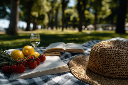 A beautiful summer picnic unfolds in a grassy park featuring a checkered blanket laden with fresh food, lemonade, books, and straw hats under warm sunlight.の素材