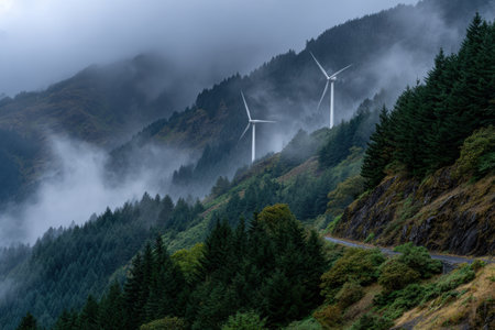 Wind turbines stand tall along a winding road amidst mist-covered forested slopes, capturing the serene beauty of early morning in the mountains.の素材