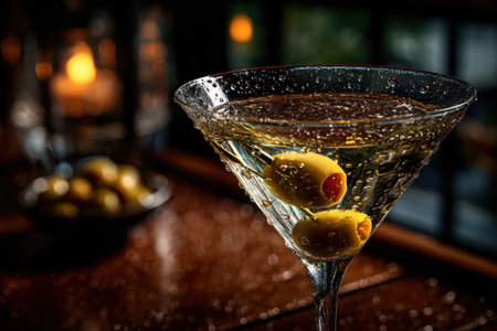 Close-up view of a classic martini glass, featuring refreshing condensation droplets and a perfectly placed olive garnish, set against a softly lit background.の素材