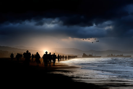 Shadowy figures of refugees traverse sandy terrain, while soldiers and military equipment loom nearby, creating a stark contrast against a tumultuous backdrop.の素材