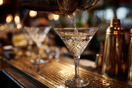 A skilled bartender shakes a martini, pouring it into a crystal glass at a vintage bar filled with classy decor and warm lighting, evoking a nostalgic atmosphere.の素材