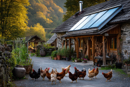 A solar water heater shines on a traditional rural home as chickens roam the yard, illuminated by the warm golden light of early morning.の素材