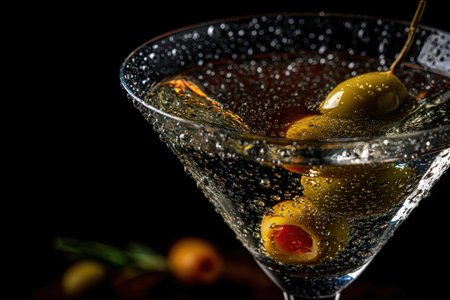 Close-up view of a classic martini glass showcasing droplets of condensation and a perfectly placed olive garnish, evoking a sense of elegance and sophistication.の素材