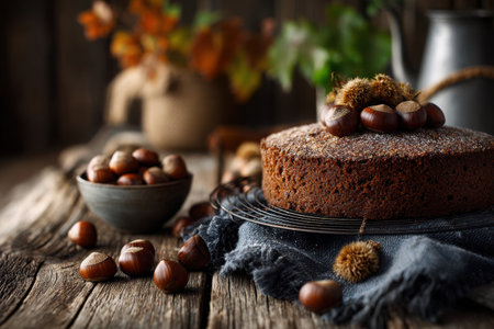 A cozy rustic kitchen displays a hazelnut cake cooling on a wire rack next to a bowl of fresh hazelnuts, surrounded by warm wooden accents and natural light.の素材