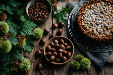 A rustic kitchen features a freshly baked hazelnut cake cooling on a wire rack, surrounded by bowls of fresh hazelnuts and greenery, creating a cozy atmosphere.の素材