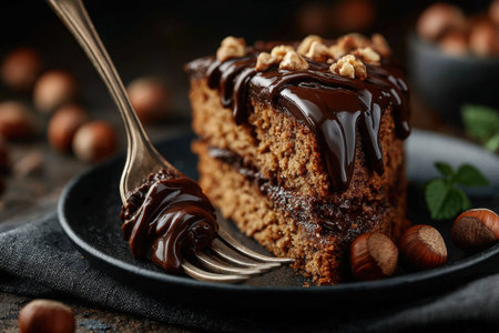 A fork is piercing a slice of moist hazelnut cake filled with decadent chocolate. The setting features scattered hazelnuts and a dark plate, enhancing the dessert's appeal.の素材