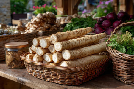 A collection of horseradish roots sits prominently in a woven basket at a vibrant farmers market. Colorful produce and herbs surround them, enhancing the lively atmosphere.の素材