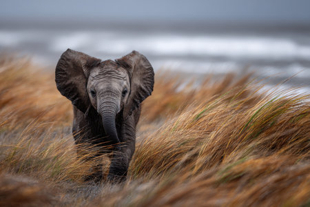 A playful young elephant joyfully runs through vibrant tall grass near the ocean. The waves crash softly in the background as the cloudy sky looms overhead.の素材