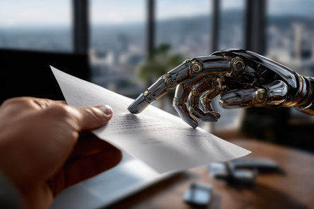 A human hand reaches out to a metallic robotic hand, both engaged in the transfer of an important document within a modern office setting during daylight hours.の素材