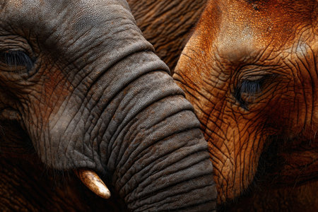 Two elephants gently touch their trunks together, showcasing a moment of affection in their natural habitat during the soft glow of sunset.の素材