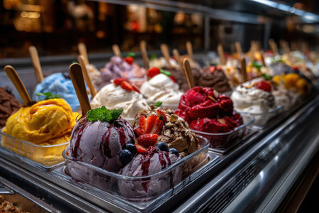 Various flavors of ice cream are beautifully arranged in a dessert shop. The vibrant colors and toppings attract customers seeking a sweet treat after dinner.の素材