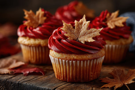 Delicious cupcakes topped with vibrant red frosting are decorated with small autumn leaves, resting on a rustic wooden table surrounded by fallen leaves.の素材