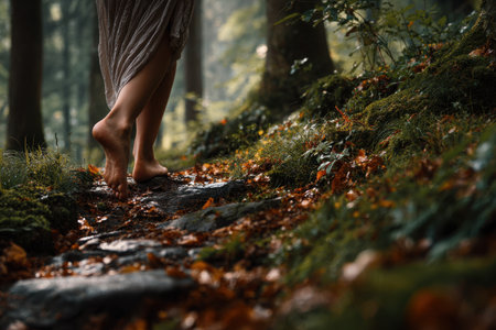 Bare feet tread softly on a rocky forest path covered with autumn leaves. Sunlight filters through the trees, creating a serene atmosphere in the woods.の素材