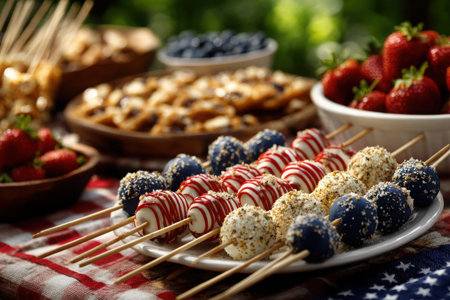Colorful dessert platter features skewers with white chocolate-dipped fruits decorated in patriotic colors, perfect for summer gatherings or holiday parties.の素材