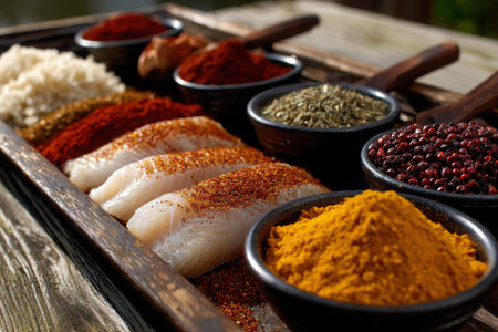 Fresh fish fillets are seasoned with various spices on a rustic wooden tray outdoors, showcasing a vibrant culinary setup on a sunny day.の素材