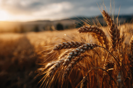 Wheat stalks shimmer in the warm light of sunset, creating a serene landscape. The rolling hills provide a beautiful backdrop to this tranquil rural scene.の素材