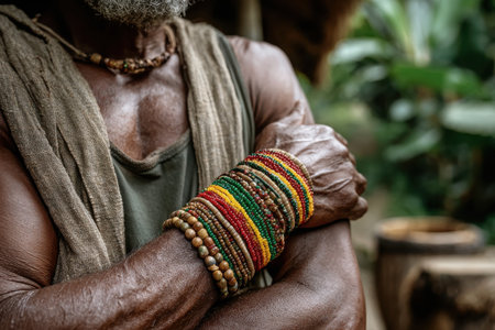 An elderly man showcases an array of colorful bead bracelets on his arm, standing amidst lush greenery in a tropical environment, highlighting cultural heritage.の素材