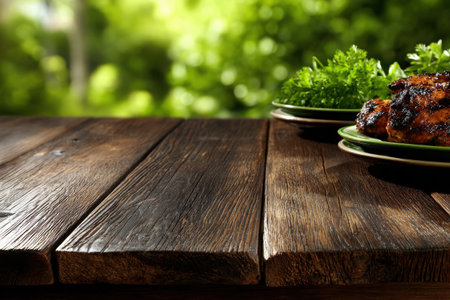 Juicy grilled chicken is plated alongside vibrant green herbs, set on a weathered wooden table surrounded by nature's greenery during daylight.の素材