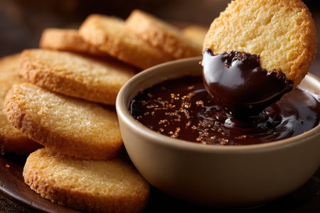 A plate of crispy cookies sits beside a bowl of melted chocolate as one cookie is dipped, highlighting a sweet treat perfect for a cozy gathering.の素材
