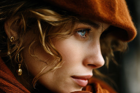 A woman with curly hair gazes thoughtfully while wearing a warm brown hat and scarf. Natural lighting enhances her features, creating a cozy atmosphere.の素材