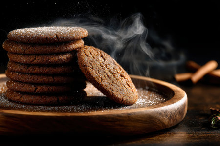 Freshly baked cookies are stacked on a wooden plate, dusted with sugar. A warm, homely kitchen atmosphere is created by the soft steam rising from the treats.の素材
