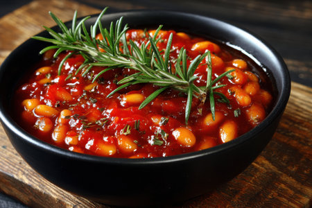 A bowl of warm beans in rich tomato sauce garnished with fresh rosemary and herbs sits on a wooden surface, inviting comfort and flavor for any meal.の素材