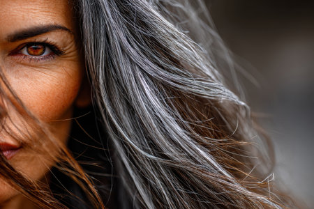 A woman gazes intently, her long hair softly blowing in the wind as natural light highlights her features. The moment captures beauty and confidence.の素材