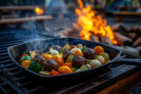 A cast iron skillet filled with colorful vegetables and meatballs sizzles over an open flame at a campsite. Smoke rises as the fire crackles nearby.の素材